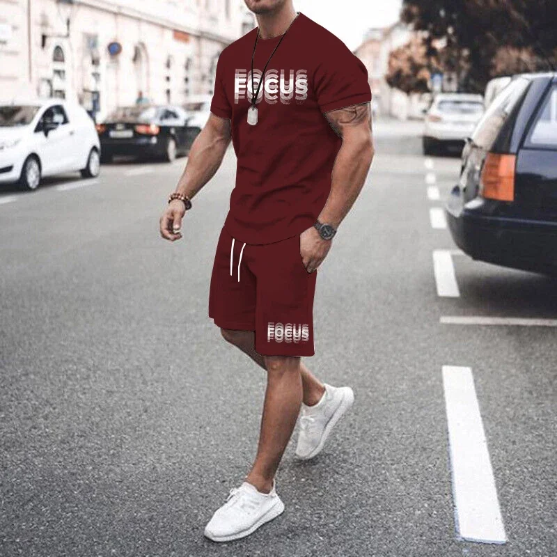 Plus Size Men's Casual Graphic 2Pcs Outfits Fashion Letter Print Short-Sleeve T-Shirt Shorts Set for Summer Men's T-Shirt Set 6