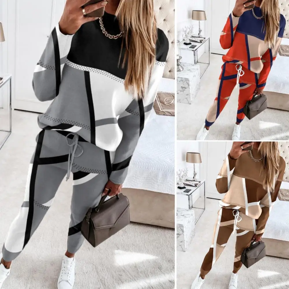 Lady Fall Top Set Colorblock Women's Sweatshirt Pants Set Stylish Round Neck Elastic Waist Soft Casual Sports Tracksuit for Fall men striped jacket colorblock knitted hooded men s sweater jacket warm stylish cozy mid length cardigan coat for winter fall