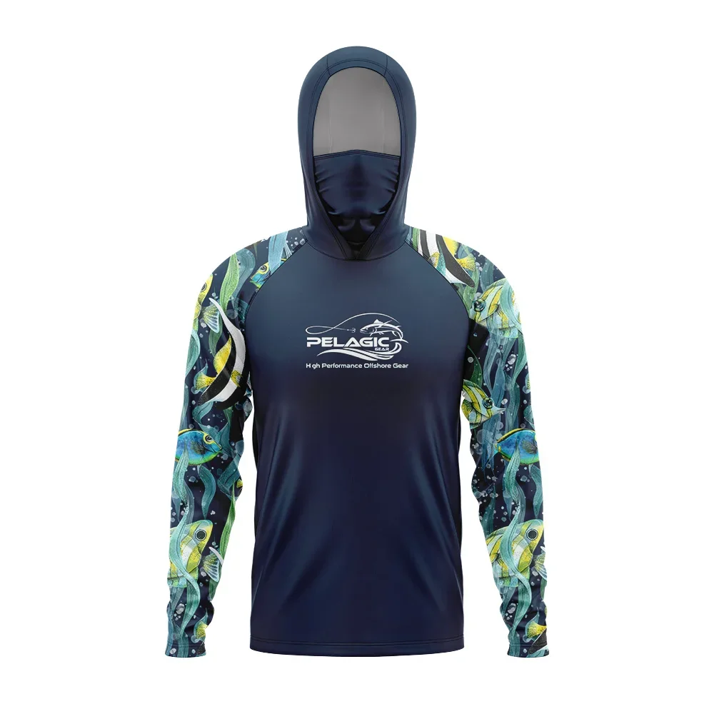 Pelagic Gear-Long Sleeve Hooded Face Cover, Fishing Shirts, UV Protection, Fishing Face Mask Clothes, New Tops, Upf 50