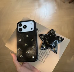 Advanced Black Leather Phone Case with Star Rivet Detailing and Shock - Proof Pendant - iPhone 17 (With pendant)