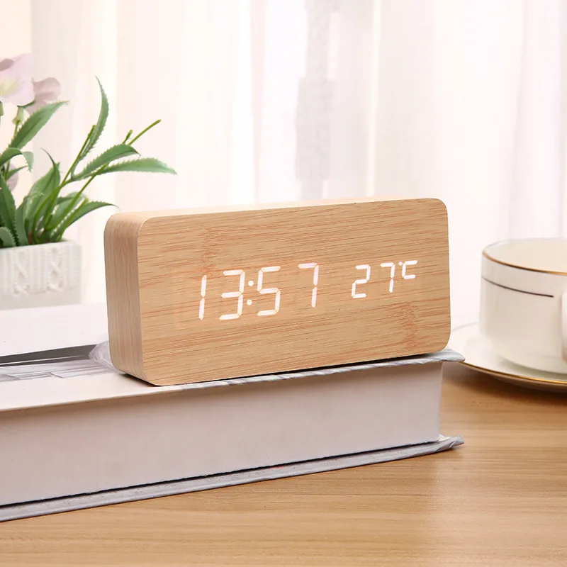 LED Student Alarm Clock Simple Wooden Clock Temperature Display Sound Control Desktop Home Decorative