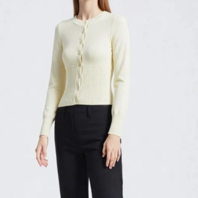 N2025 Long Sleeve Ribbed Patchwork Slim Elegant Loose Casual Knit Cardigan Top for Women Cropped Top Female Knitwear Cardigan