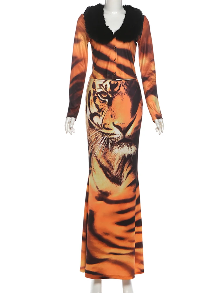 Nibber Sexy2 Piece Set Woman Tiger Print  Furry Patchwork Low-Neck Full Sleeve Crop Top+A-Line Long Skirt Elegant Style Outfits