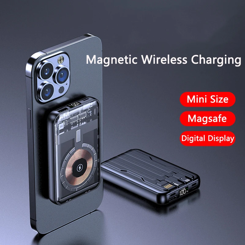 Transparent Magnetic Qi Wireless Charger Power Bank with Cable For