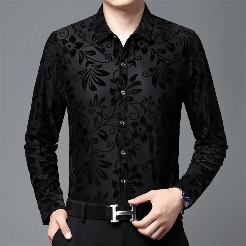 Men Red Long Sleeve Slim Fit Transparent Shirt Flower Print Velvet Shirt Club Party