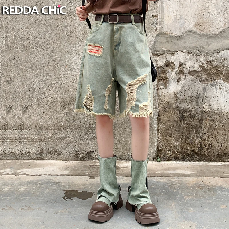 

REDDACHiC Women Irregular Raw Edge Denim Shorts Summer Vintage Wash Destroyed Low Rise Baggy Jeans Jorts Harajuku Y2k Streetwear