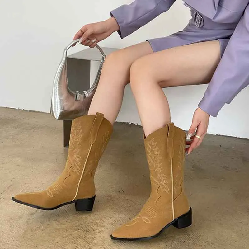 Stivali Da Cavaliere A Punta A Metà Polpaccio Donna Botas Femininas Slip-On Tacco Spesso Botines Alla Caviglia Scarpe Da Donna Vintage Western Cowboy 