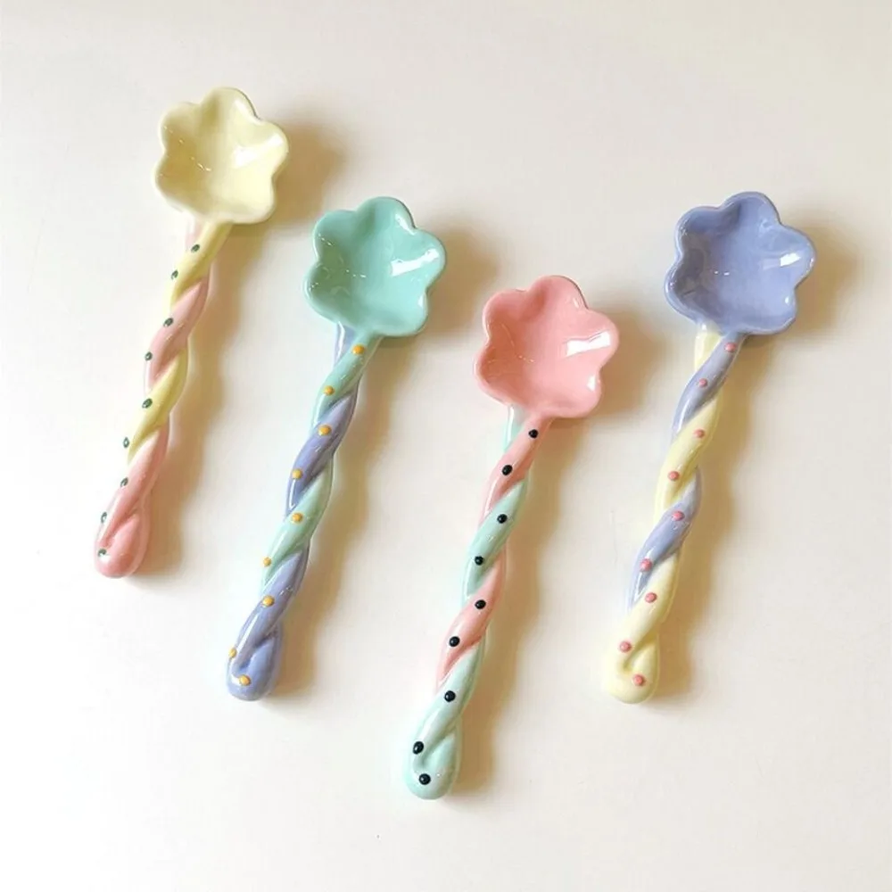 Ceramics Long Handled Spoon Instagram Style Household Stirring Spoon Hand Painted Flower Shaped Coffee porcelain spoon