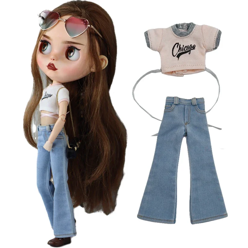 For Blythe Doll Clothes Jeans Pants for Ob24 Ob22 Azone Dolls Outfit Tight Shirt