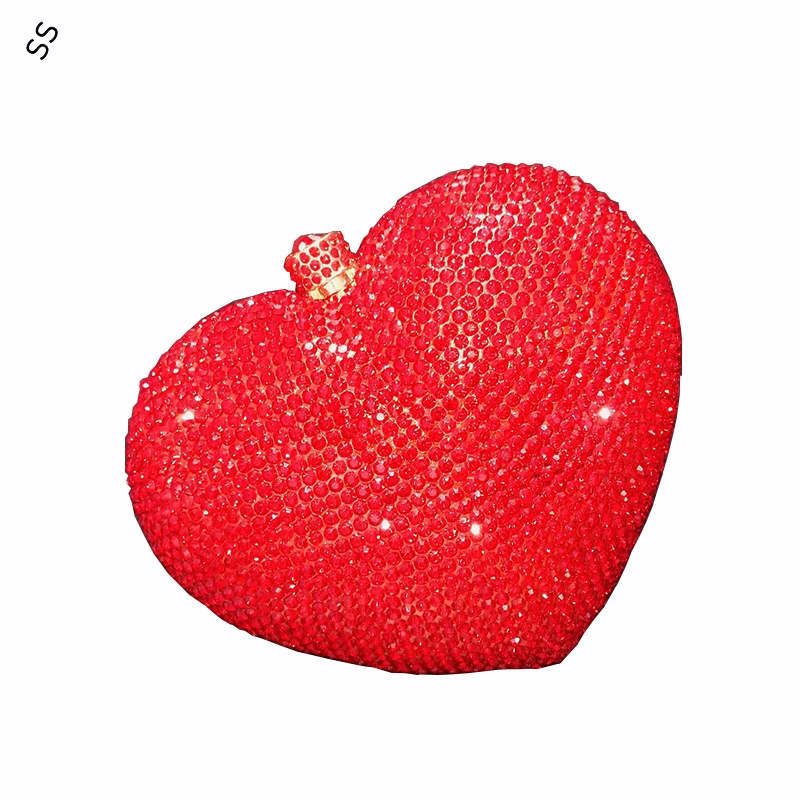 Metal Chain Inlaid Full Rhinestone Diamond Red Heart Style Handbag Women's Fashion Hard-shell Clutch Bags for Party's Purse