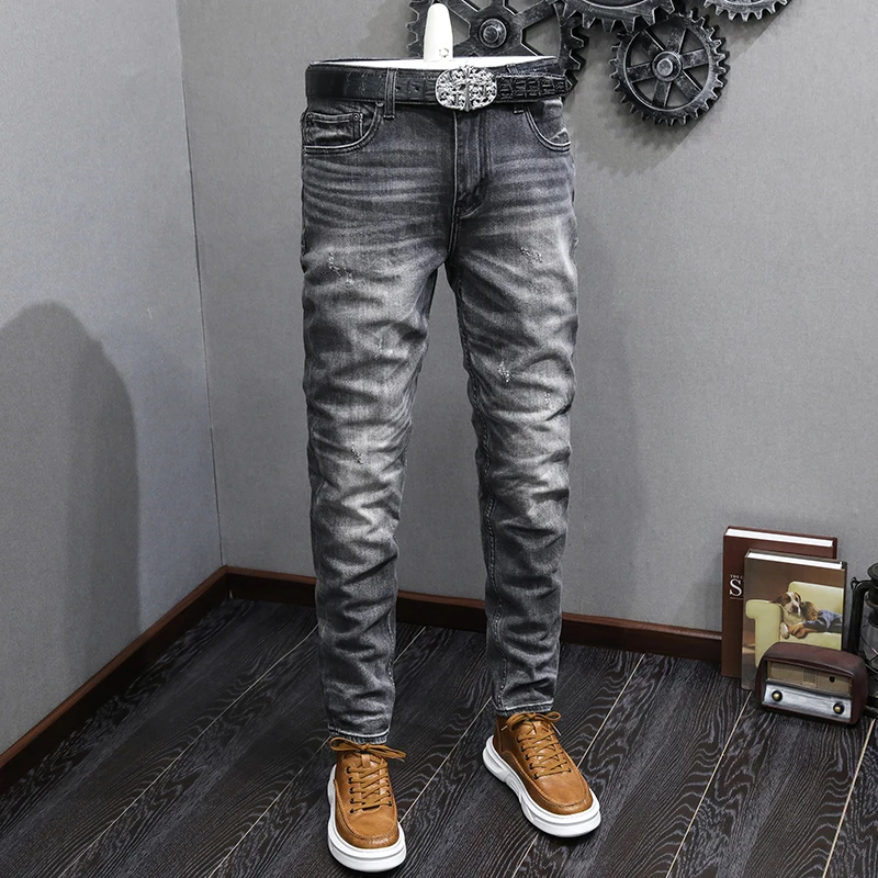 

Fashion Designer Men Jeans High Quality Retro Black Gray Stretch Slim Fit Ripped Jeans Men Vintage Casual Denim Pants Hombre