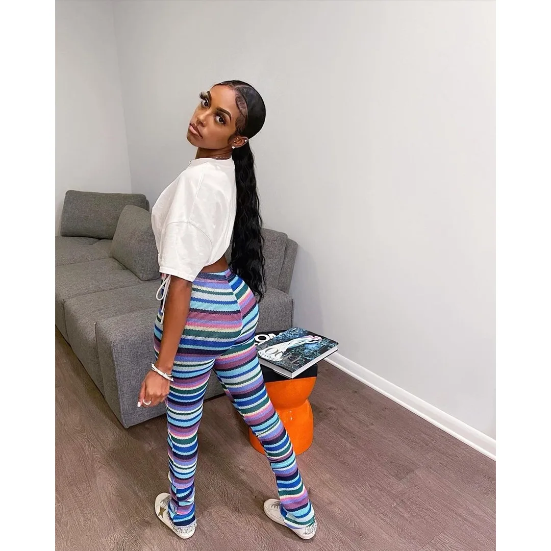 Girl Vintage Colorful Striped Knit Stacked Pants Women Fall Skinny Trousers  Female Streetwear 