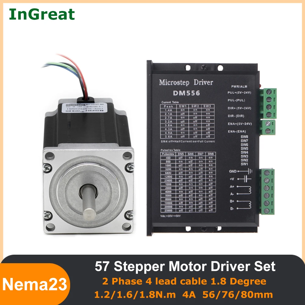 

Nema23 Stepper Motor Driver Set 2 Phase 4A 1.2Nm 1.6Nm 1.8Nm 4-lead Stepper Driver DM556 5.6A DC20-50V for Cutting Machine