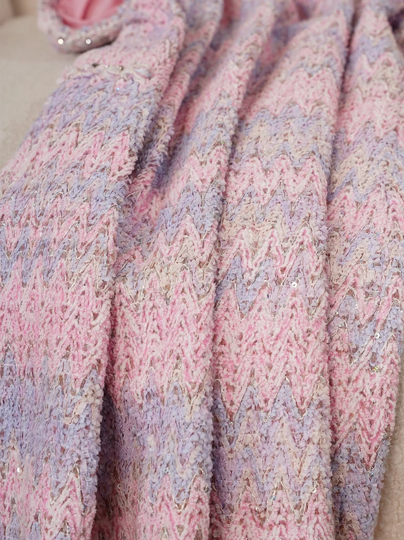 Pearl Trimmed ort Sve Woolen Tweed  Dr iny Sequin mid High Waist A-Line Skirt Sle Women's Faion Autumn Dr