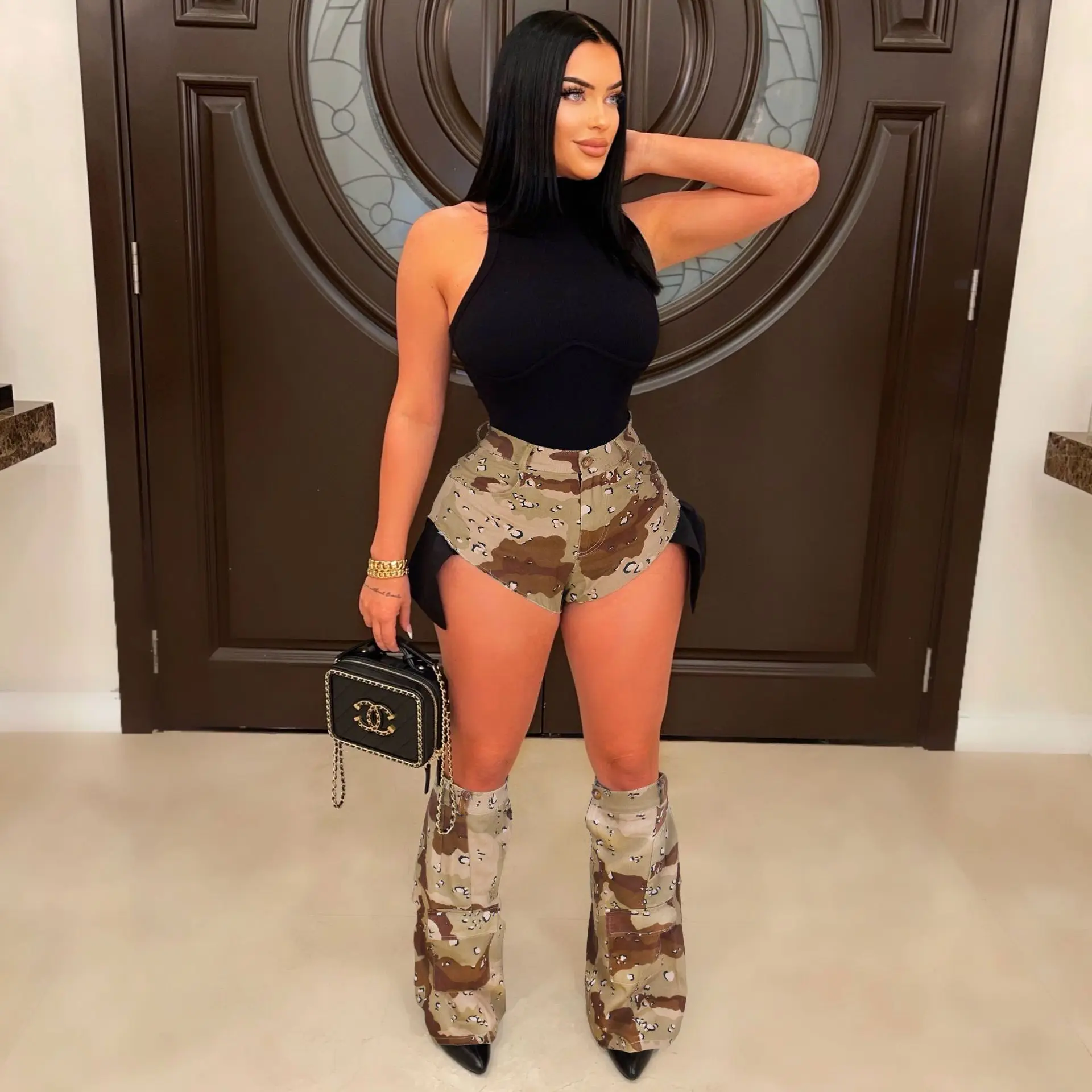 Women's Casual Camouflage Summer Do Old Hot Pants Leg Set Trend Three-Piece Camouflage Mid-Waist Fashion Shorts Sexy Style