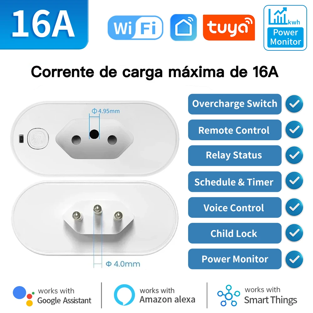 TNCE Tuya Brazil Plug 16/20A wifi or Zigbee3.0, socket with Power Monitor, Smart Life APP Remote control Voice Google Home Alexa