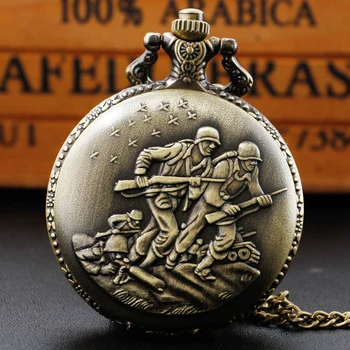 청동 군인 디자인 쿼츠 포켓 시계 스웨터 목걸이 체인, 군사 육군 펜던트 포켓 시계, 남성용 기념품 선물