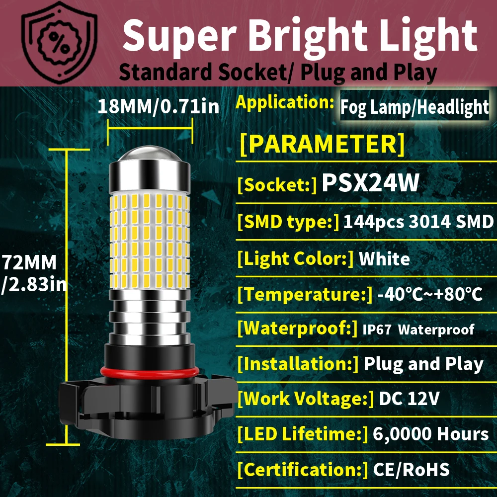 2x PSX24W LED Canbus Headlight H8 H9 H11 H16 H7 9005 HB3 HB4 Led 12V Turbo Auto Fog Lights 20000LM 100W 6000K Car Moto Bulb 5202