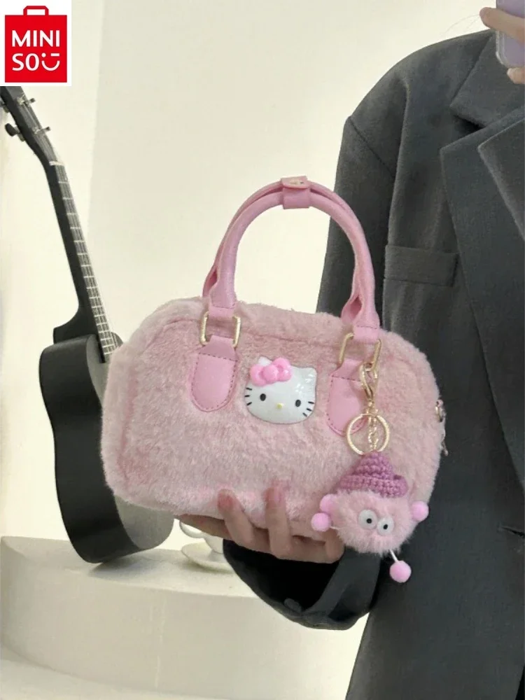 MINISO Sanrio Cartoon Hello Kitty Sweet Pink Printed Women's Love Cute Plush Fashion High Quality Diagonal Straddle Bag