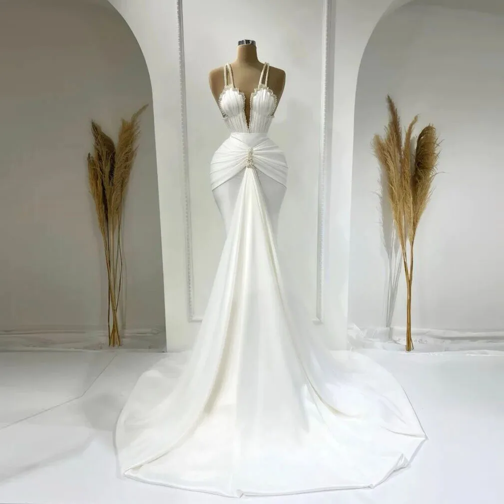 

Elegant Mermaid Wedding Dresses 2023 for Woman Spaghrtti Straps V-neck Pearls Beach Pleat Bridal Gowns Sexy Vestido De Novia