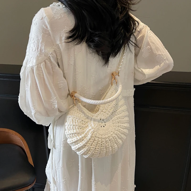 รูปสินค้า Conch Shellถักโครเชต์Crossbodyไหล่กระเป๋า,Pearl Chain Handmadeทอกระเป๋าผู้หญิง,Elegantที่ละเอียดอ่อนน่ารักกระเป๋าขนาดกะทัดรัด