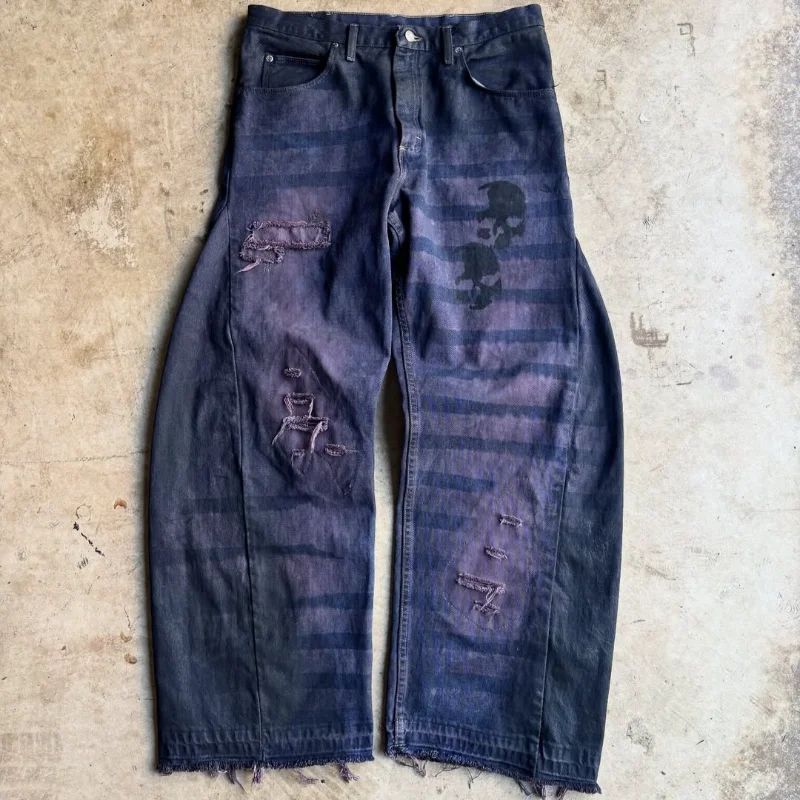 Striped Tie-Dye Denim Pants Skull Print Ripped Distressed Detail Frayed Hem Vintage Washed Streetwear Casual Men Jeans
