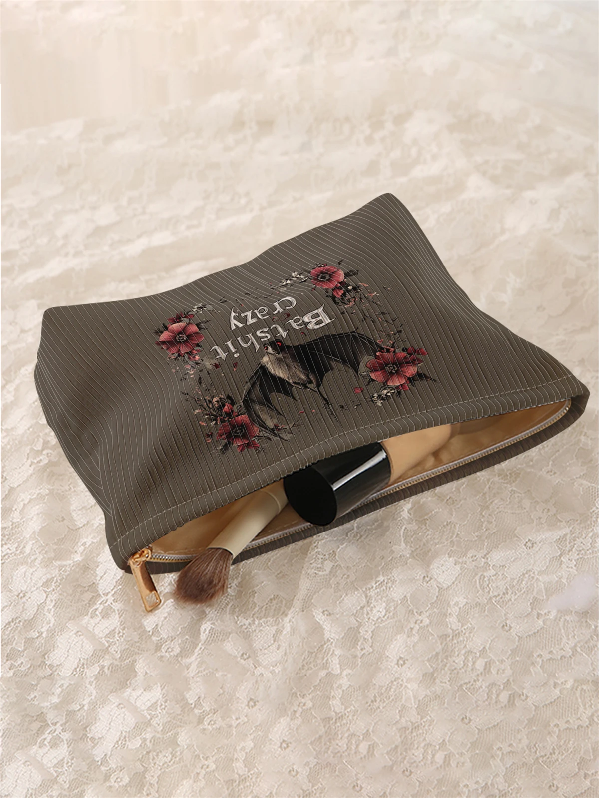 1 bat patterned corduroy makeup bag, lightweight zipper makeup storage box, multifunctional bag with lining