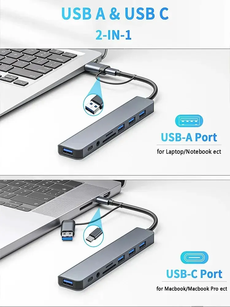 Aluminium USB Hub Airies USB 3.0 en aluminium 8 en 1 1 X USB 3.0 3 X 2.0 1 C lecteur de carte SD TF 3.5mm ports m.com