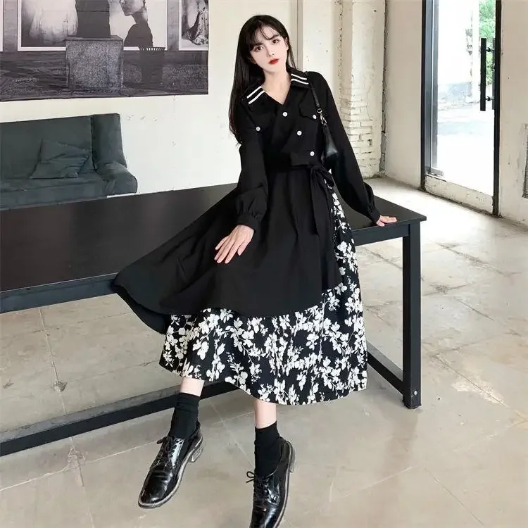 الفرنسية خمر تصميم الشعور الركبة طول فستان طويل الخريف/الشتاء حجم كبير الخصر المجهزة المرقعة تكدرت فستان بحاشية واسعة