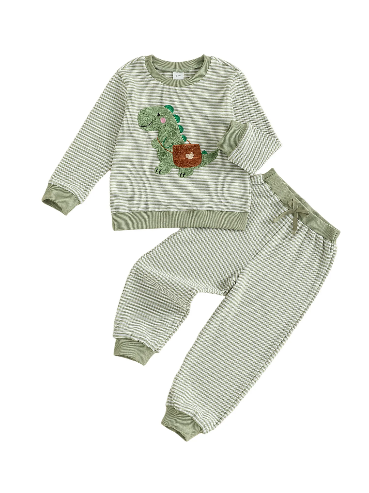 Adorable Baby Boy 2 Piece Set with Stylish Long Sleeve Round Neck Dinosaur Embroidery Striped Top and Comfy Elastic Waist Pants