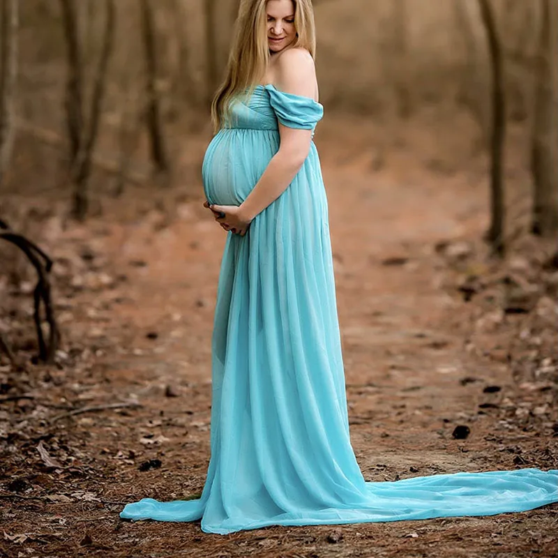 MaternityDressesforPhotoShootSplitChiffonMaternityGownLongTrainSexyOffShoulder