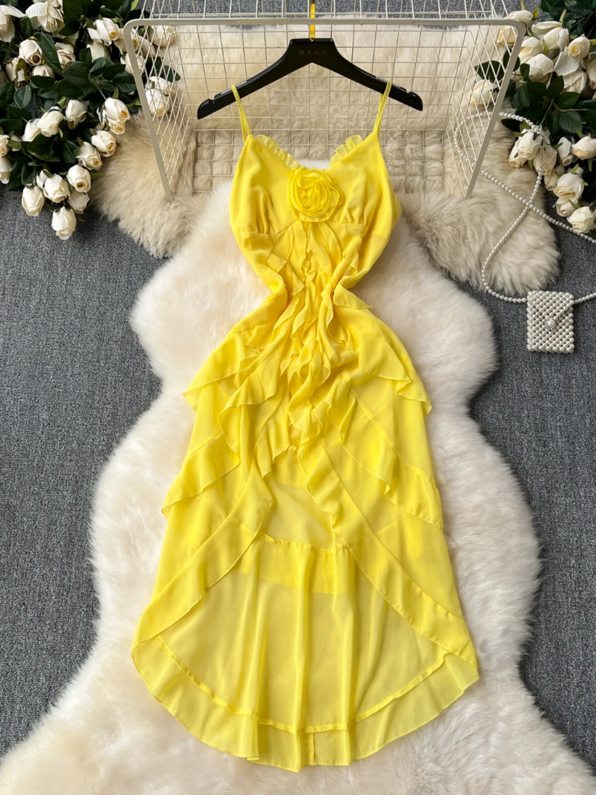

Foamlina летний модный желтый длинный Топ для женщин сексуальный цветочный V-образный вырез без рукавов оборки бахрома нерегулярный пляжный клубный Топ
