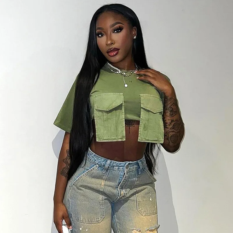 

Женская футболка с объемным карманом, летний модный женский короткий топ в европейском и американском стиле с круглым вырезом и карманами зеленого и белого цветов