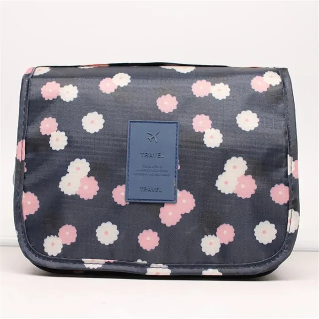 Nylon Hook Up Cosmetic Bag Women Travel Toiletries Storage Bag High Quality Waterproof Makeup Pouch Ladies Make-up Beauty Bag Navy flowers