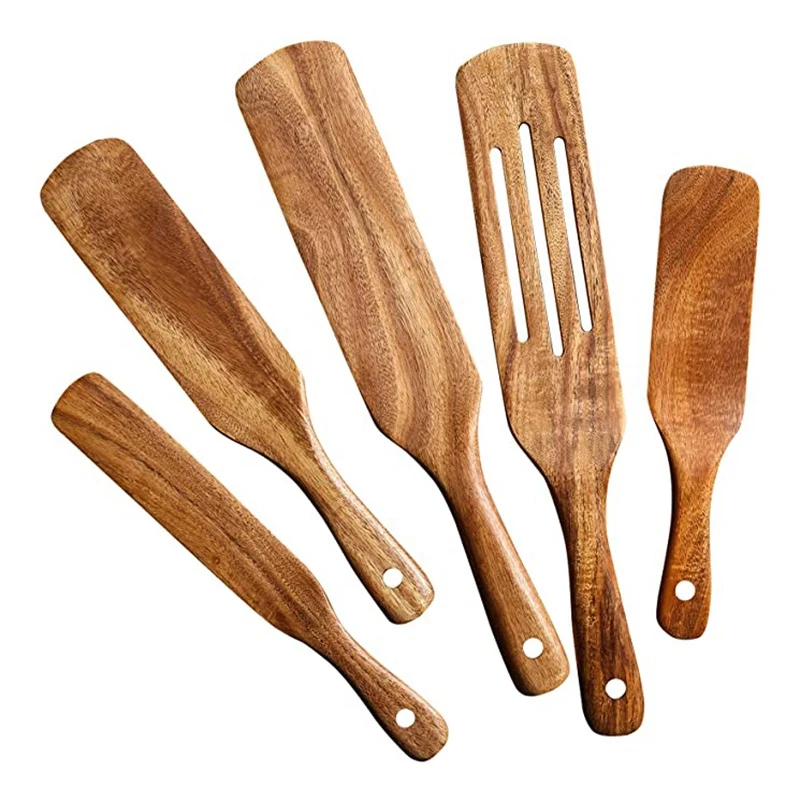 

Wooden Spurtles Set (5Pcs) - Teak Wood Kitchen Tools Set - Heat Resistant Non Stick Wood Cookware For Stirring & Mixing