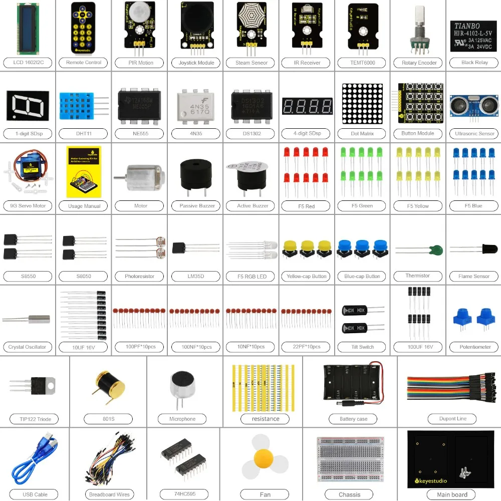 

Keyestudio Maker Learning Kit/Starter Kit(NO UNOR3 Board) For Arduino Starter W/Gift BOX+UNO Platform +1602 LCD+Servo+LEDs+PDF