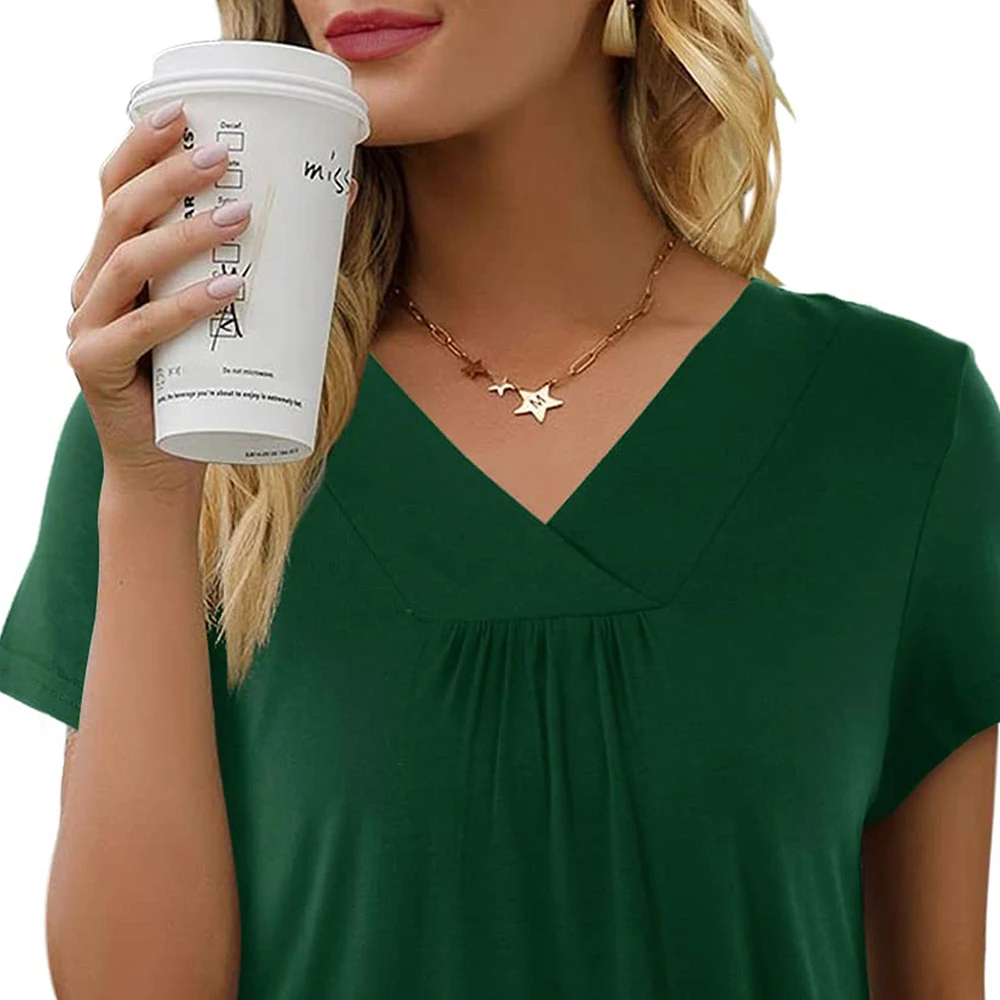 Damen Elegant Loose Fit Kurzarm Frühling T-Shirt V-Ausschnitt Casual Loose Basic Tunika Top Sommer Baumwollmischung Bluse Free87_voghion.com