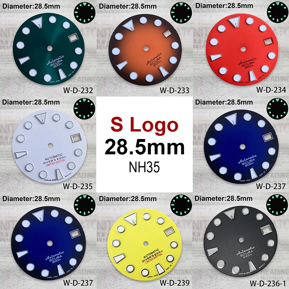

28.5mm S Logo Dial Suitable For NH35/NH35A/NH36 Movement C3 Green Luminous Gradient Dial Watch Modification Accessories