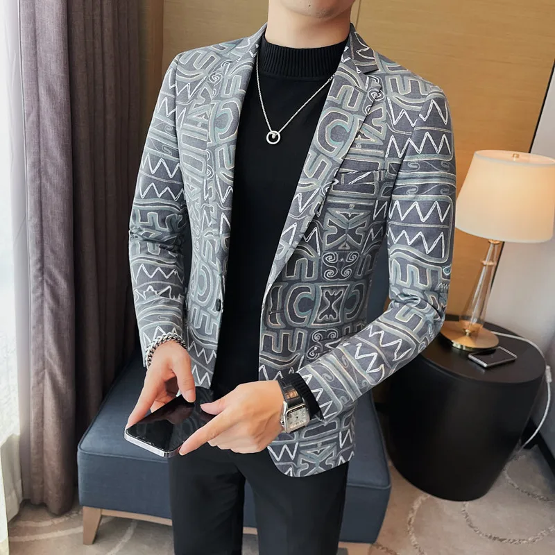 Brand Luxury Suit Jacket for Men Autumn Printed Casual Busines Blazer Masculino Slim Fit Wedding Groom Social Dress Coat