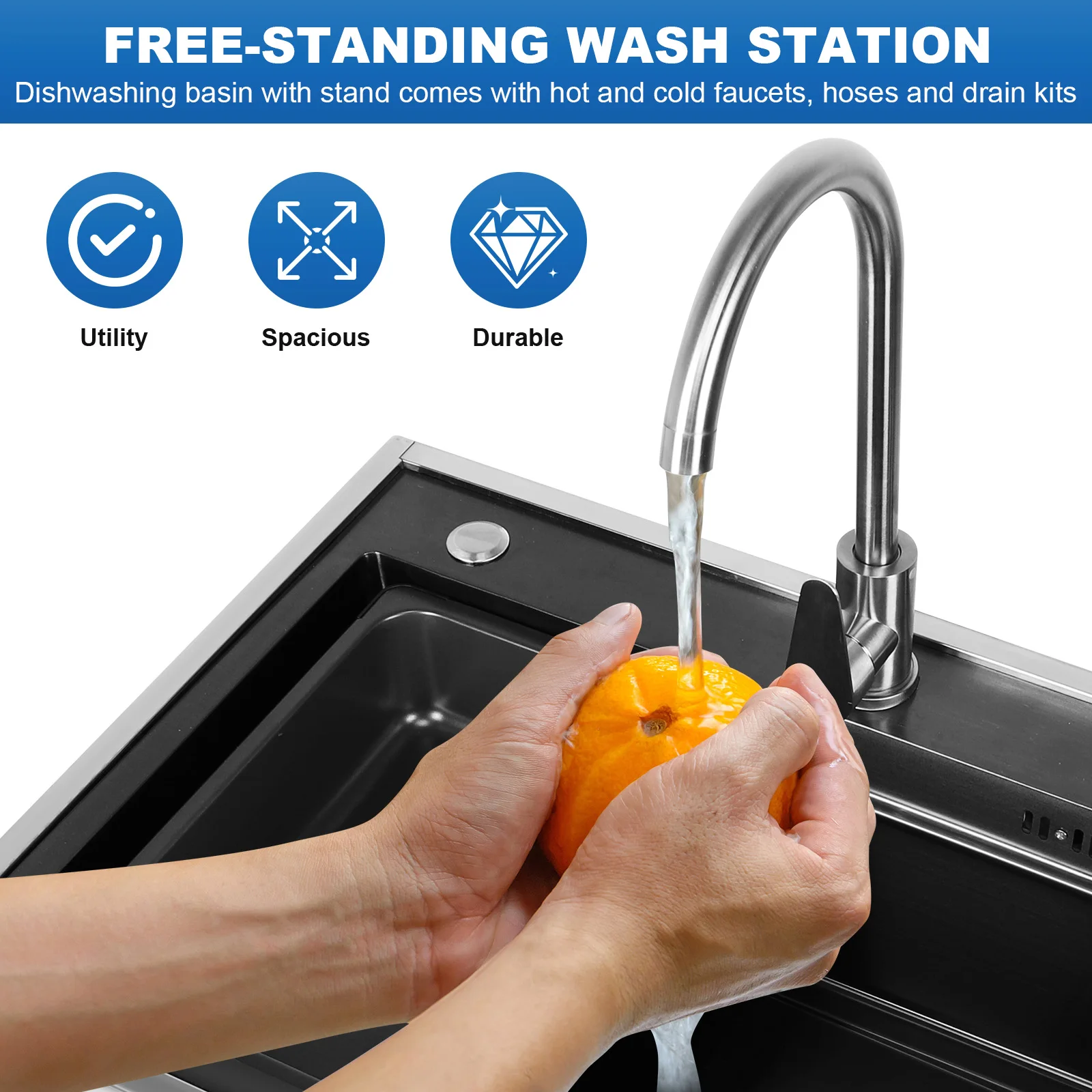 Single Bowl Sink Set Adjustable Stand Freestanding Utility Sink Rust Proof for Kitchen Bathrooms Laundry Room