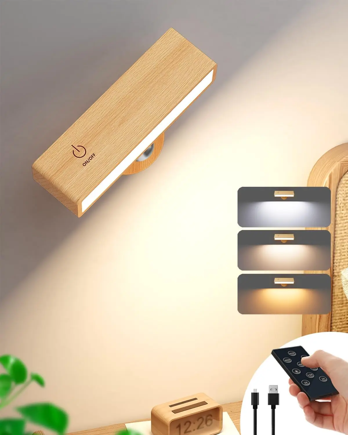 LED Wood Wall Lamp 3 Colors Remote Control 360 Rotate Magnetic Wall Sconce Touchable For Bedroom Cordless Reading Lamp