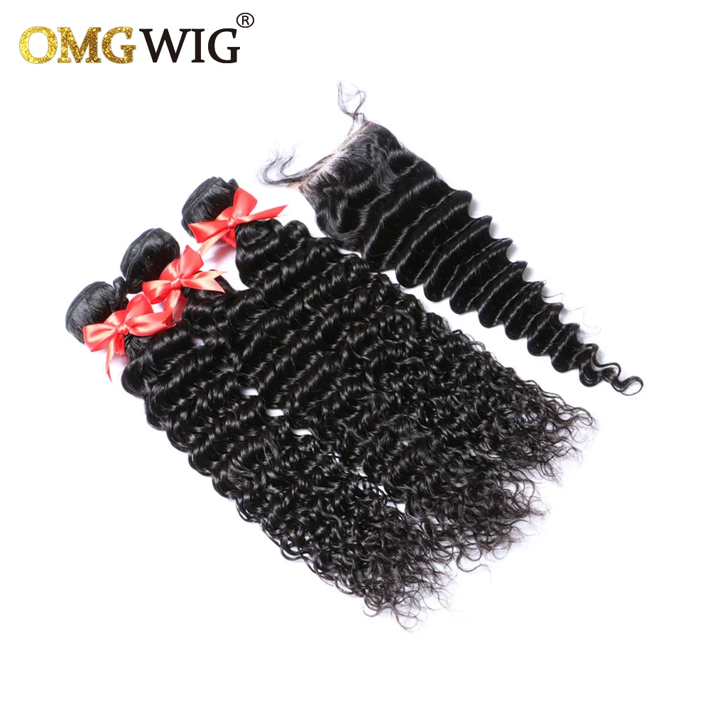 Deep Wave Natural Color Hair Bundles With 4x4 Base Closures Brazilian Human Hair Free Part Bleached Knots Transparent Lace