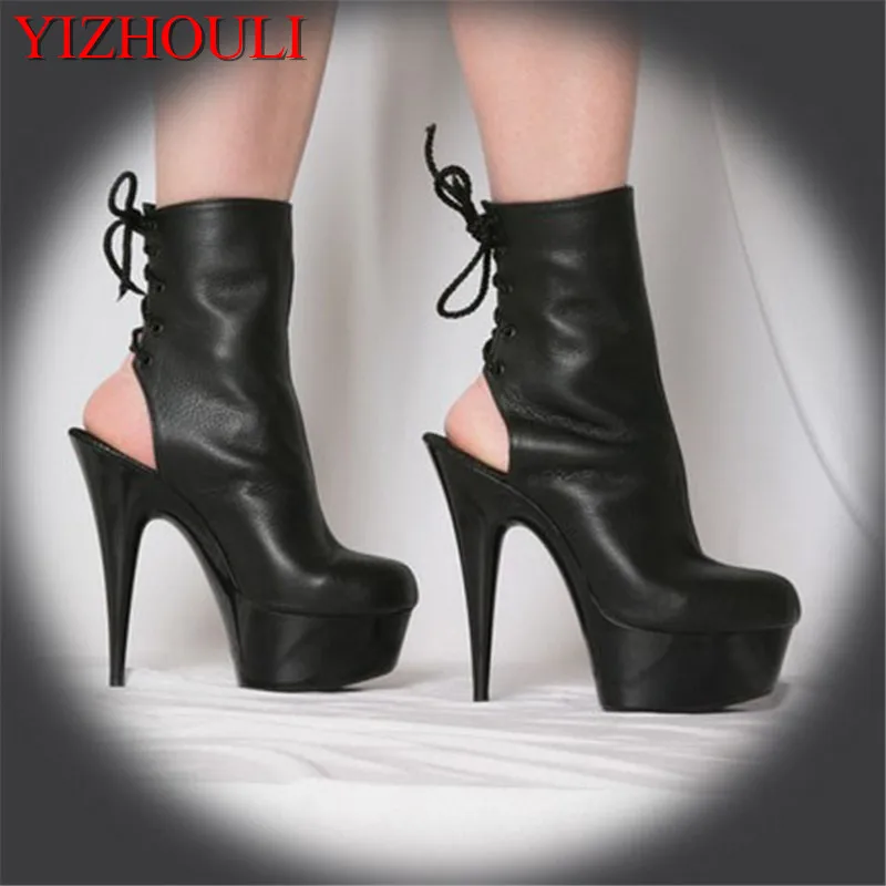 

Black fashion motorcycle boots, super high heels, nightclub stage 15 cm classic 6 inch women's ankle dance shoes