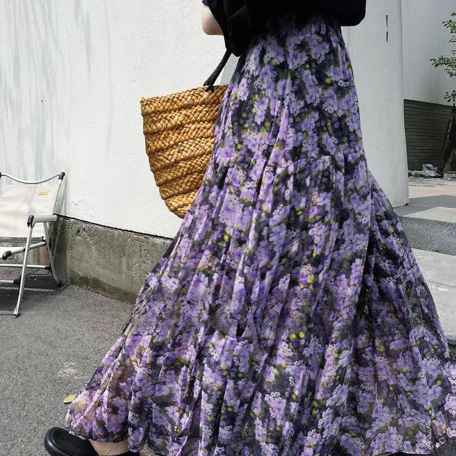 High Waist Purple Floral Print Flared Maxi Skirt main image 1