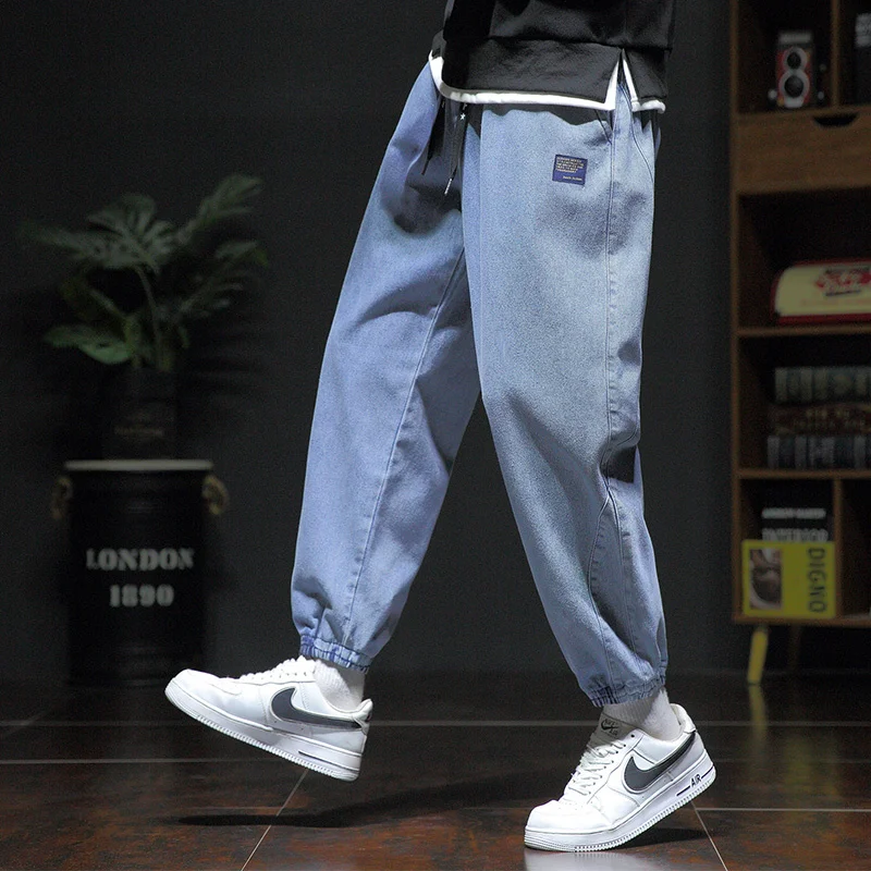 Korean Trendy Fashion Street Loose Harlan Jeans Men Solid Elastic Waist Drawstring Patchwork Pockets Straight Casual Trousers