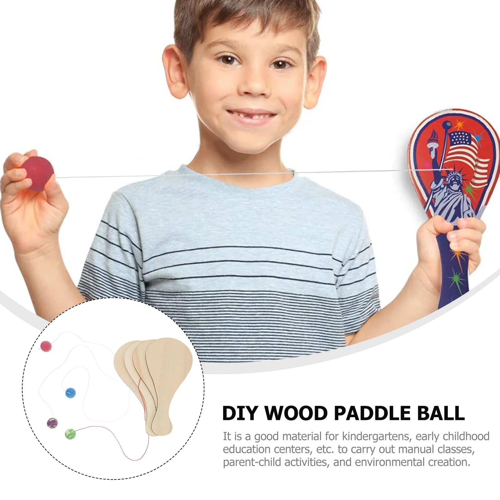 6 Pcs Elasticity White Billet Wooden Racket Child Kids Toys Paddle Balls Party Favor Painting DIY 5