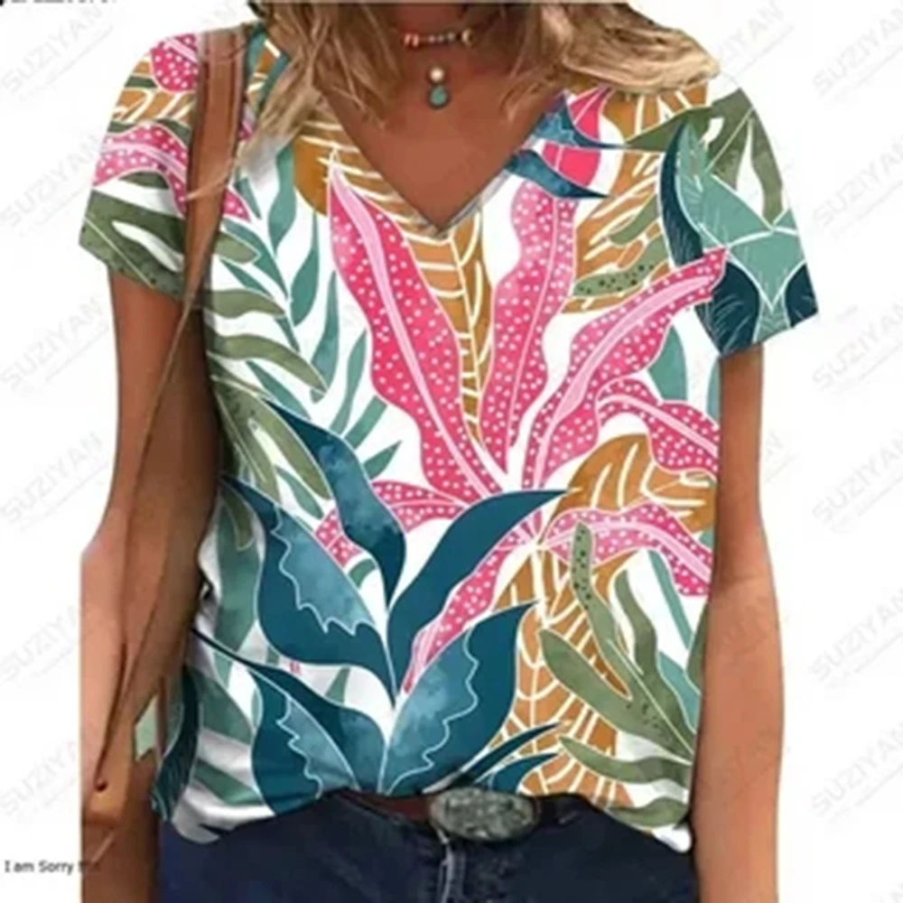 

Beach Vacation Style Women V-Neck T-Shirt 3D Print Casual Pullover Loose Short Sleeves oversize Tee Shirt Female Summer Clothing
