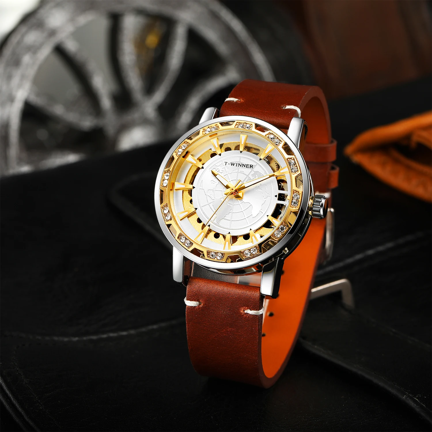 T-WINNER Classic Men's Manual Winding Mechanical Watch with Luminous Hands Luxury Gold-Tone Skeleton Case Retro Leather Strap mechanical watch