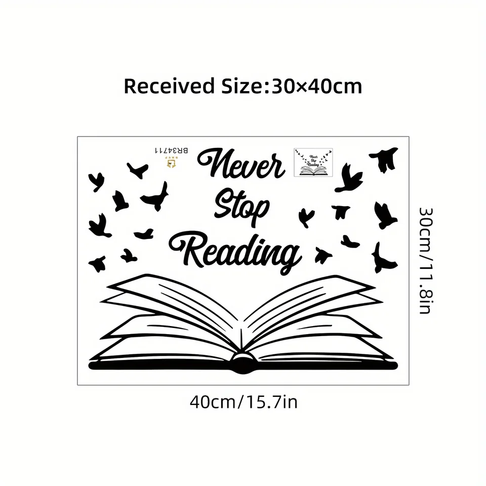 Adesivo Muro Never Stop Reading - Decorazione Per Biblioteca O Camera Bambini 42x20cm
