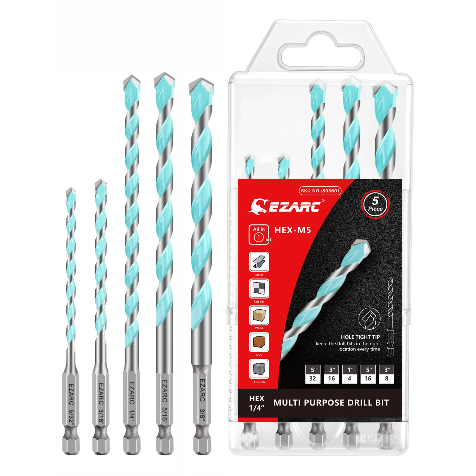 Набор твердосплавных сверл EZARC 5 шт. Метрические/SAE, многоцелевые сверла с шестигранным хвостовиком для металла, кирпичной кладки, дерева, блока, кирпича и пластины